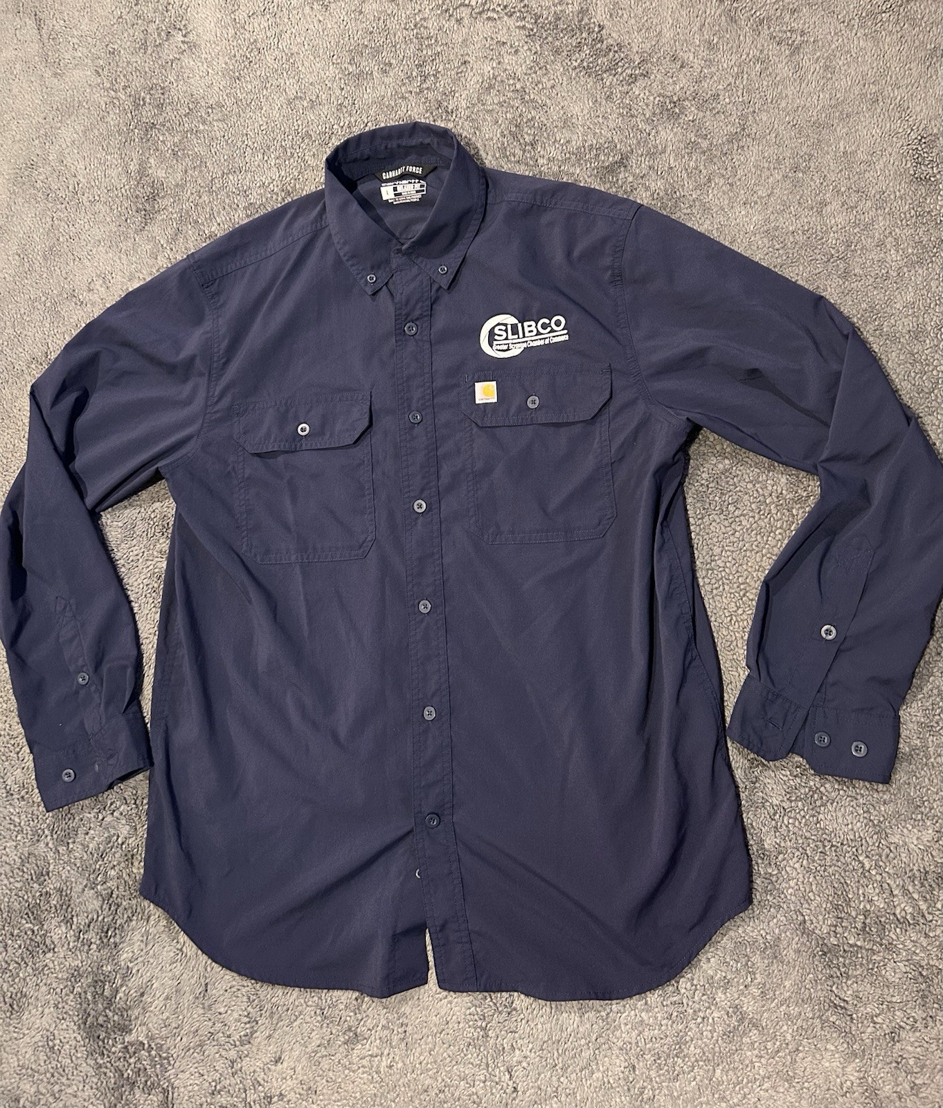 Carhartt Force Shirt Mens Large Navy Relaxed Fit Button Front Work Utility Logo