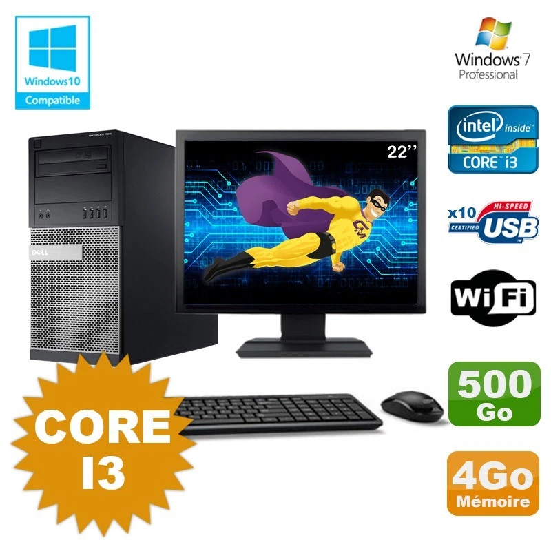Lot PC Tour Dell 790 Intel Core I3 3.1Ghz 4Go 500Go DVD WIFI Win 7 + Ecran 22" - Photo 1/1