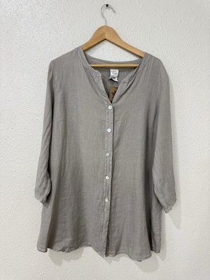 Match Point Linen Gray Shirt Tunic RelaxedButton-Front Tunic Top Size L NWT