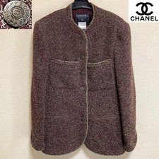 Chanel Tweed Collarless Jacket 38 Coco Mark Angora/Mohair Blend