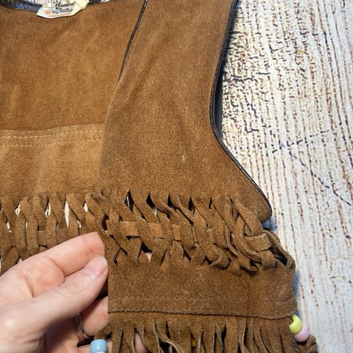 VTG 90s Genuine Leather Beaded Fringe Vest Girls Size 4 Youth Cowgirl Western - Picture 8 of 12