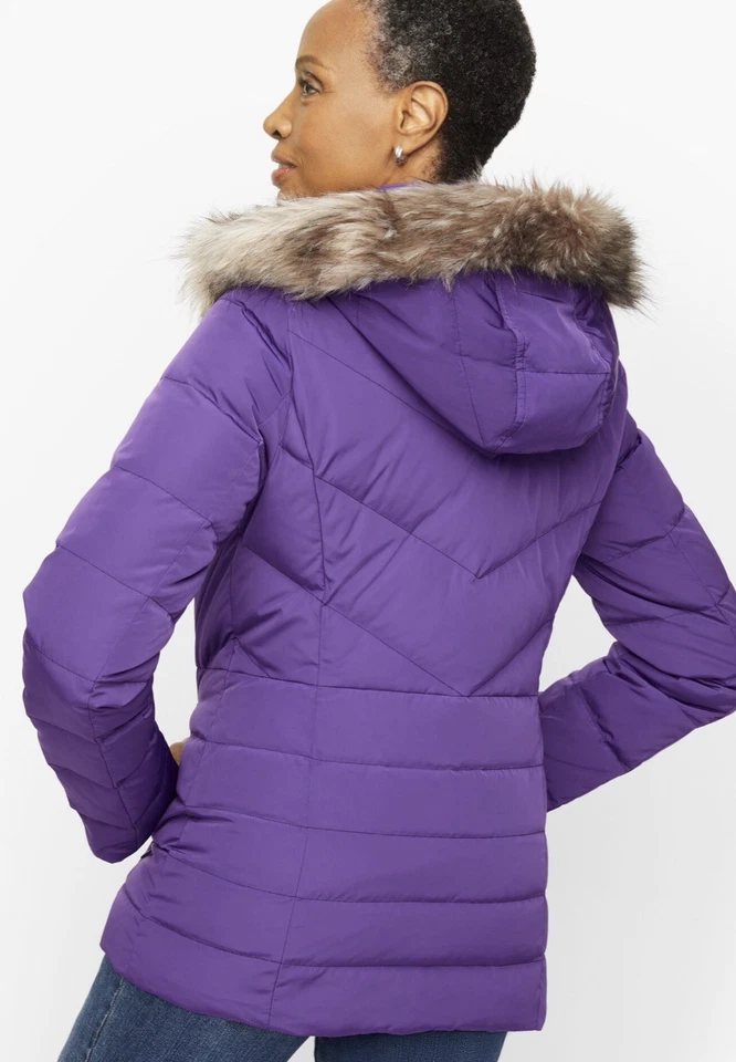 Talbots Mujer Talla M Púrpura Poliéster Imitación Piel Borde Capucha Relleno Puffer Foto 2 de 4