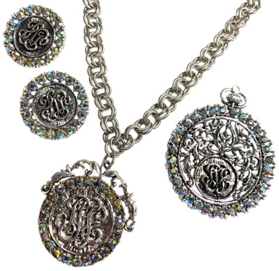 VTG Judy Lee AB Rhinestone Pocket Watch Necklace, Brooch, & Earrings Set
