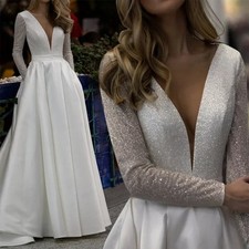 Sparkly Deep V-neck Wedding Dresses Long Sleeves Backless Satin A-line Gowns