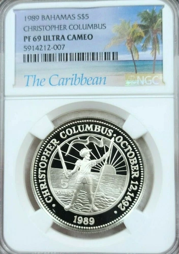 1989 BAHAMAS SILVER 5 DOLLARS CHRISTOPHER COLUMBUS NGC PF 69 ULTRA CAMEO