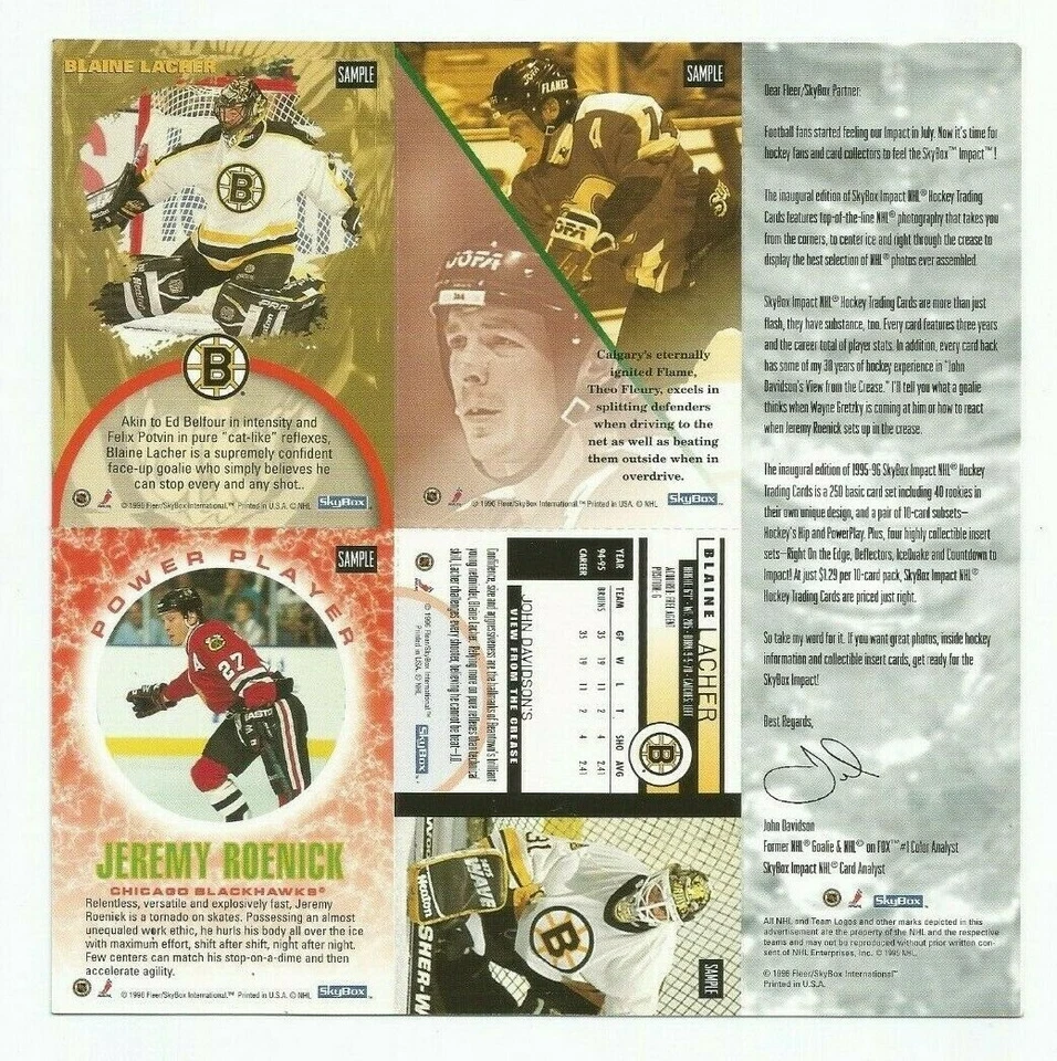 1995-96 SKYBOX IMPACT ~ NHL PROMO SHEET ~ UNCUT ~ JEREMY ROENICK ~ BLAINE LACHER - Image 2 of 3