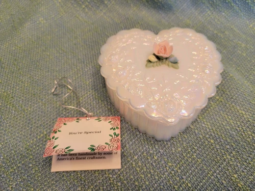 Fenton Opaline Pearly Sentiments Iridescent Heart-Shaped Glass Dish w/Tag