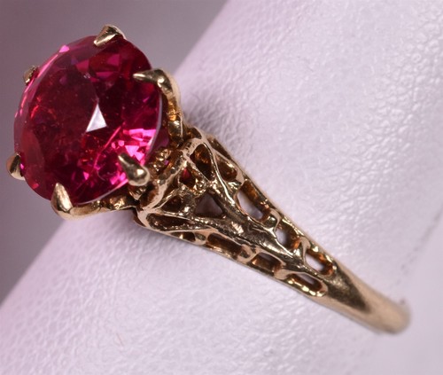 Antique Red Solitaire 10k Yellow Gold Filigree Synthetic Ruby - Picture 4 of 4