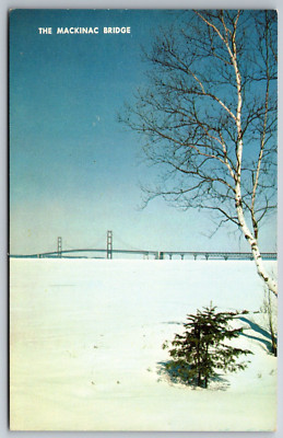 Mackinac Bridge Michigan Winter Ice Snow on Lake Island Vintage Postcard
