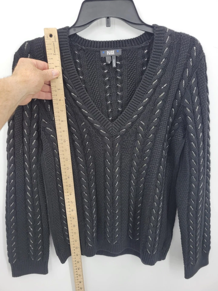 Suéter Paige Mujer Pequeño Negro Dorthea Metálico Tejido con Cable Cuello en V Pullover Foto 3 de 4