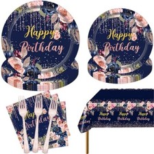 Birthday Plates and Napkins 97 Pcs Navy Blue Rose Gold Birthday Decorations f...