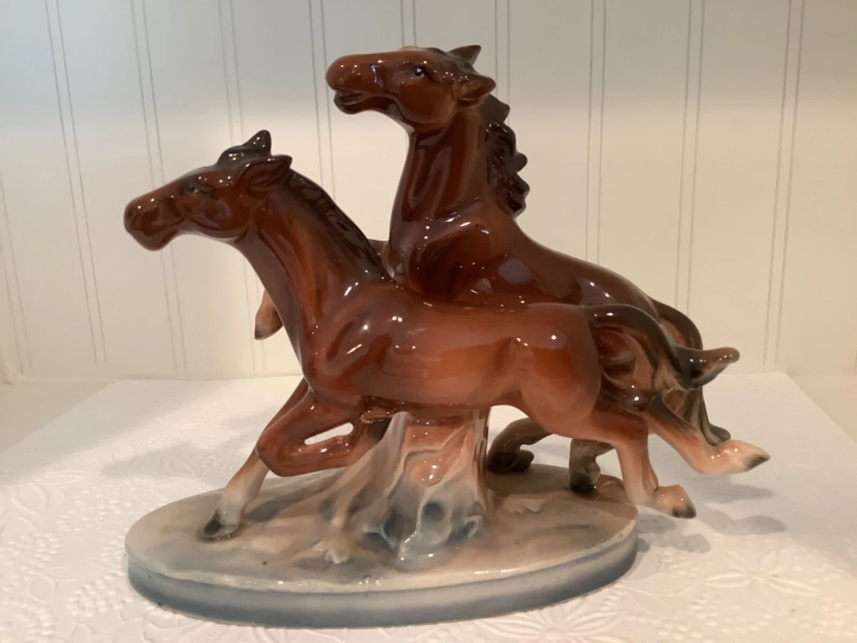 Vintage Wild Horses Porcelain Figurine Sculpture Japan 6'' Glossy Brown