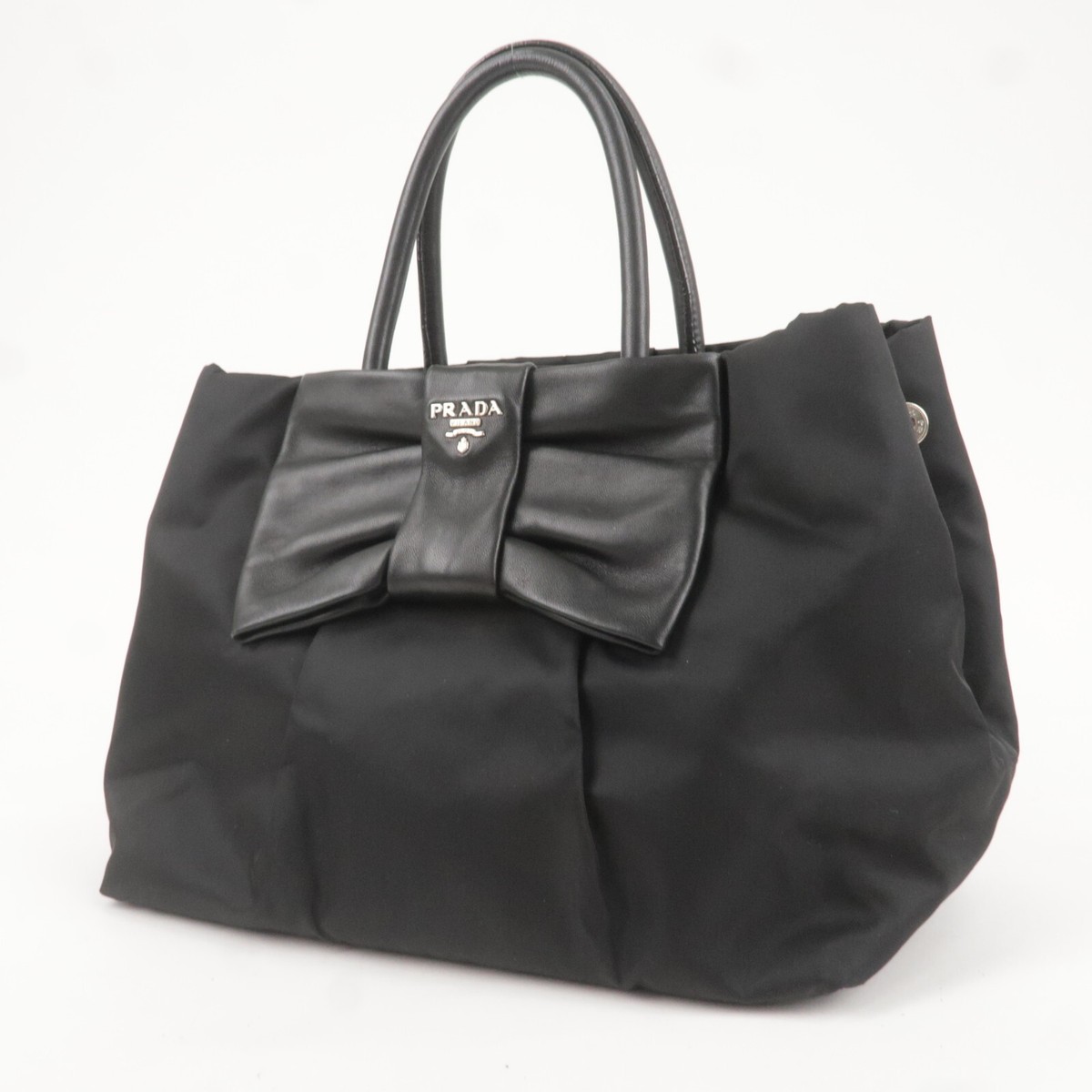 Auth PRADA Logo Ribbon Tote Bag Black NERO Nylon Leather