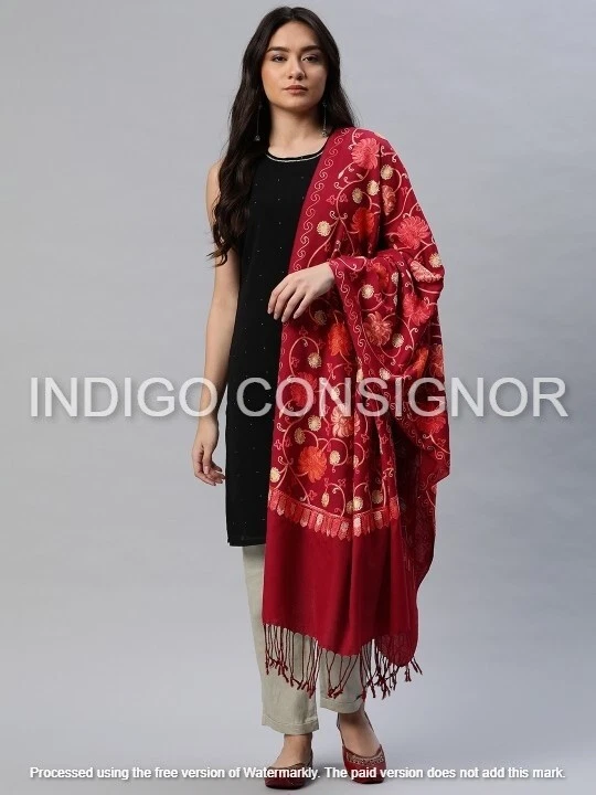 Granate Jamawar Paisely Pashmina Estola Lana Jamawar Bufanda/Estola India 80x30" Nuevo Foto 2 de 4
