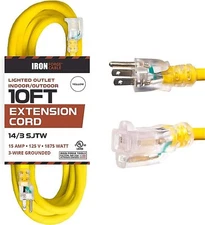 10 Foot Lighted Outdoor Extension Cord - 14/3 SJTW Yellow Cable - 3 Prong Plug