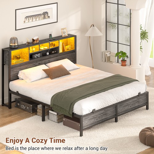 King/Queen/Full Bed Frame with Headboard & RGB LED Light Bedroom Platform Bed - Picture 4 of 10