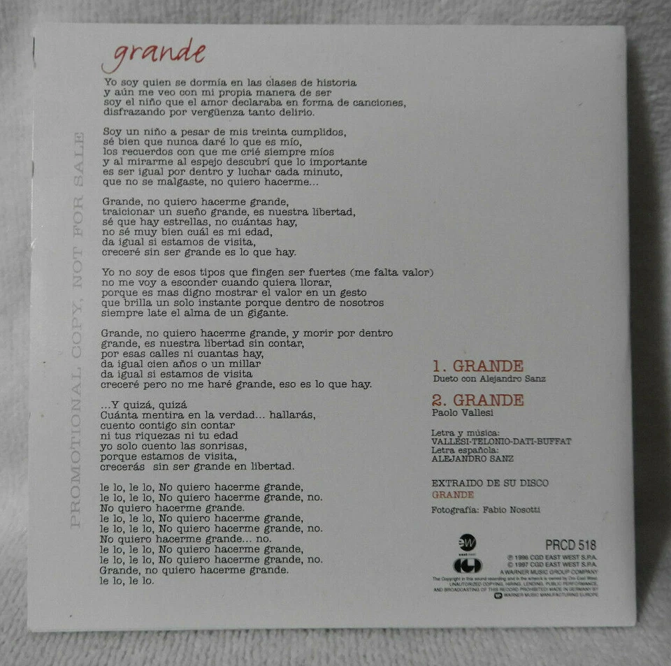 PAOLO VALLESI "Grande" Alejandro Sanz (Single) 1997 (DRO EW/PROMO/Germany) CD EX Foto 2 de 2