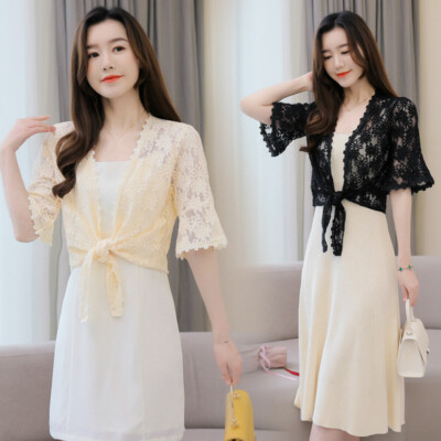 Women's floral lace shoulder jacket flared pants short cardigan cropped jacket