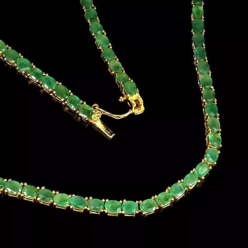 12Ct Oval Lab-Created Emerald Women's Tennis Necklace 14K Yellow Gold Plated - Picture 6 of 7