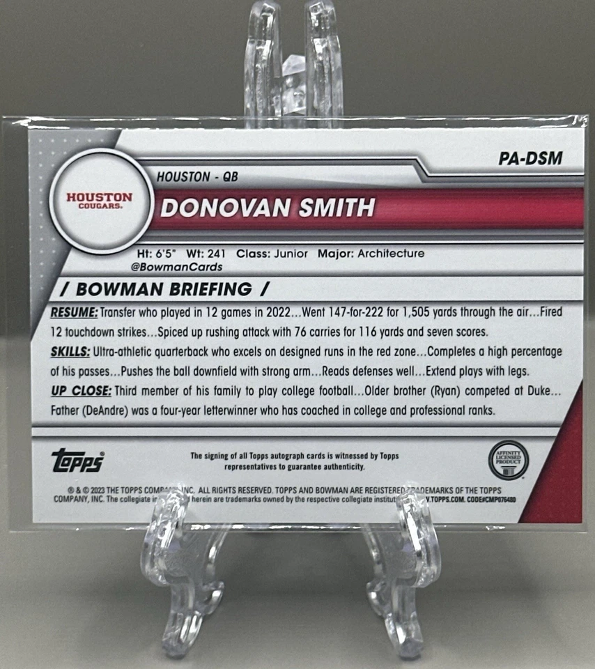 Donovan Smith 2023 Bowman Chrome 1st Sapphire University Auto Autograph! Houston - Image 2 of 2