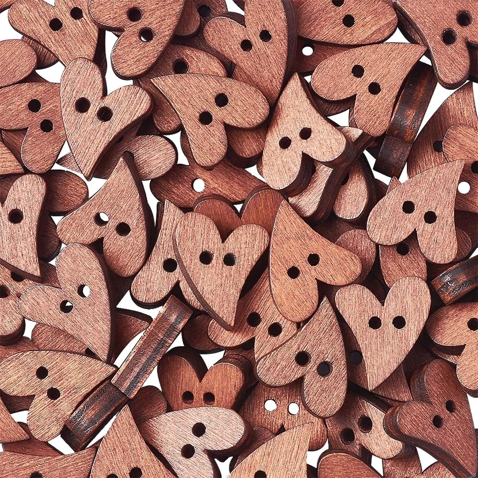 100 Cute Natural Wood Heart Buttons 2-Hole Flat Crafting Pieces Sienna 20x16mm - Image 2 of 4