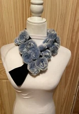 Rex Rabbit Fur Blue Roses Velvet Pull-Through Scarf ~ Gorgeous ~ EUC