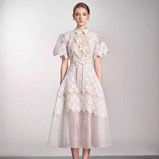 Summer Embroidery New Elegant Waist Dress Short Sleeve Womens Lace A-Line Dress