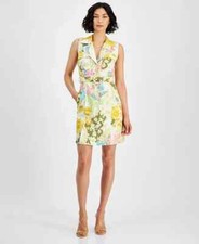 GUESS Women's Lydia Linen Belted Shirtdress Floral Print Yellow Multi Size XL