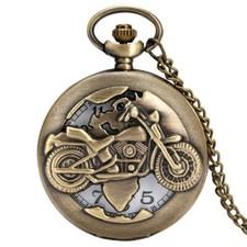Vintage Bronze Tone Motorcycle Quartz Pocket Watch Necklace Chain Father's Gift