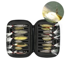 18Pcs Metal Vib Spinners Spoon Lures Mixed Size Artificial Bait With Feather