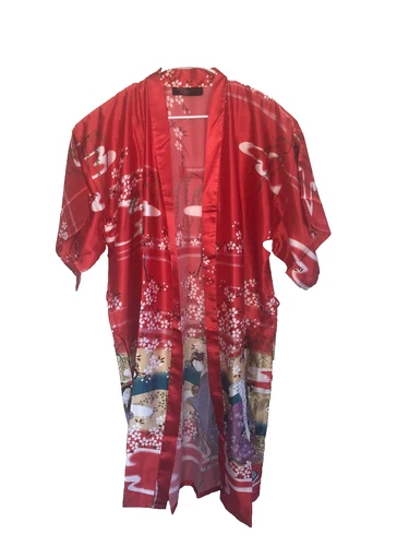 Women's Sheng Tangkuyi  Red Multi color Japanese Garden Scene Silk Kimono NEW
