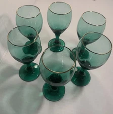 Reduced Vintage Libbey Teardrop Juniper Green Gold Rim 6 pc Wine Goblets 6.75"T 