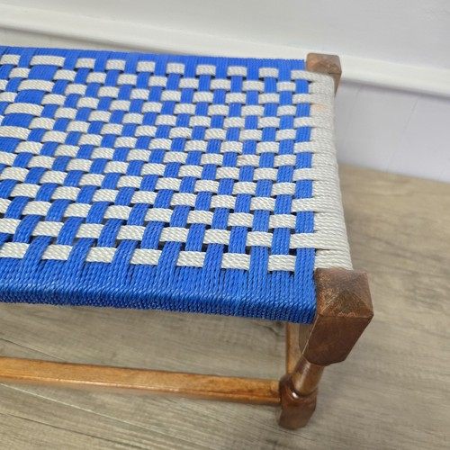 Vintage Rustic Style Woven Weaved Long Stool Bench Blue White Weave Plant Stand - Picture 5 of 15