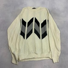 Vintage Abstract Knitted Jumper Patterned Grandad Chunky Knit Sweater Men's L