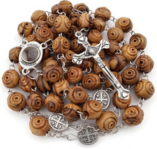 Olive Wood Carved Beads Catholic Rosary Necklace Holy Soil Medal