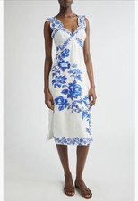 NWT $280 FARM Rio Floral Cascade Linen Dress in OFF-WHITE / BLUE, Size X-Large!