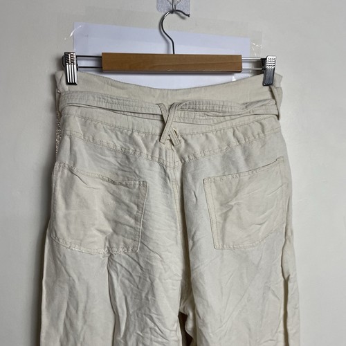 Aje Crema Mezcla Lino Bolsa de Papel Cintura Pantalones Talla 12 Tiro Alto Corbata Cinturón Bolsillos - Imagen 8 de 13