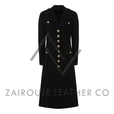 Women’s Black Wool Coat, Luxury Longline Military Style with Gold Button Details