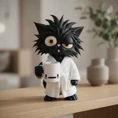 Grumpy Coffee Cat Figur | Müde Katze mit Kaffeetasse in Bademantel