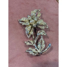 Vintage Art Nouveau Flower Brooch Pin Rhinestone Pearl Floral Jewelry