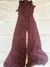 River Island Women's Burgundy Flower Jumpsuit Size 10 Sleeveless W Neck Ribbon