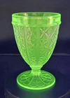 Vintage Green Vaseline Depression Glass Hazel Atlas " X Design" Goblet Glows
