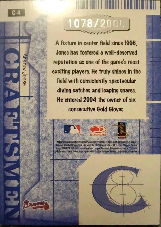 2005 Donruss Baseball Andruw Jones Craftsmen Card #1078/2000  - Image 2 of 2