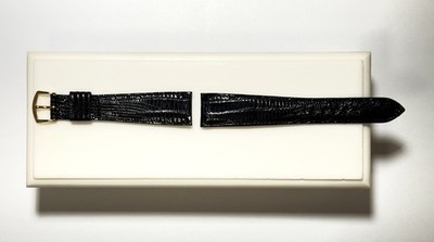 Speidel, Black Genuine Lizard Watch Band, Long, Yel Buckle, 7/8  wide, NOS