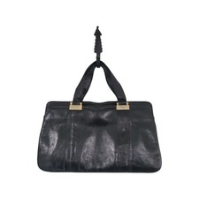 Vintage 60's Black Leather Top Handle Compartment Purse Handbag / Mod Glam