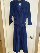 J. Peterman Cotton Corduroy Belted 50s Dress Sz 14 - Blue NWT
