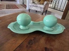 VINTAGE FIESTA GREEN SALT & PEPPER SHAKERS + TRAY - HLC USA