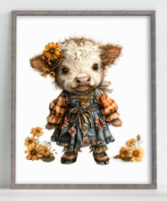 Cow Wall Art Print, Cute Cow With Sunflower Dress Print, Farmhouse Wall Decor