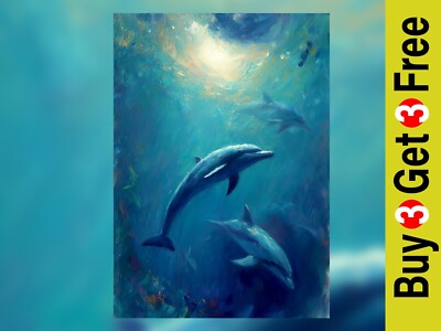 Unterwasser Delfin Tanz 5''x7 Druck auf mattem Papier | Gelassene Meeresmalerei