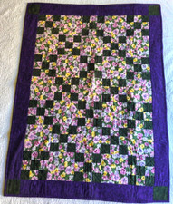 Patchwork Quilt Purple Pink Yellow White Green 35" x 47"